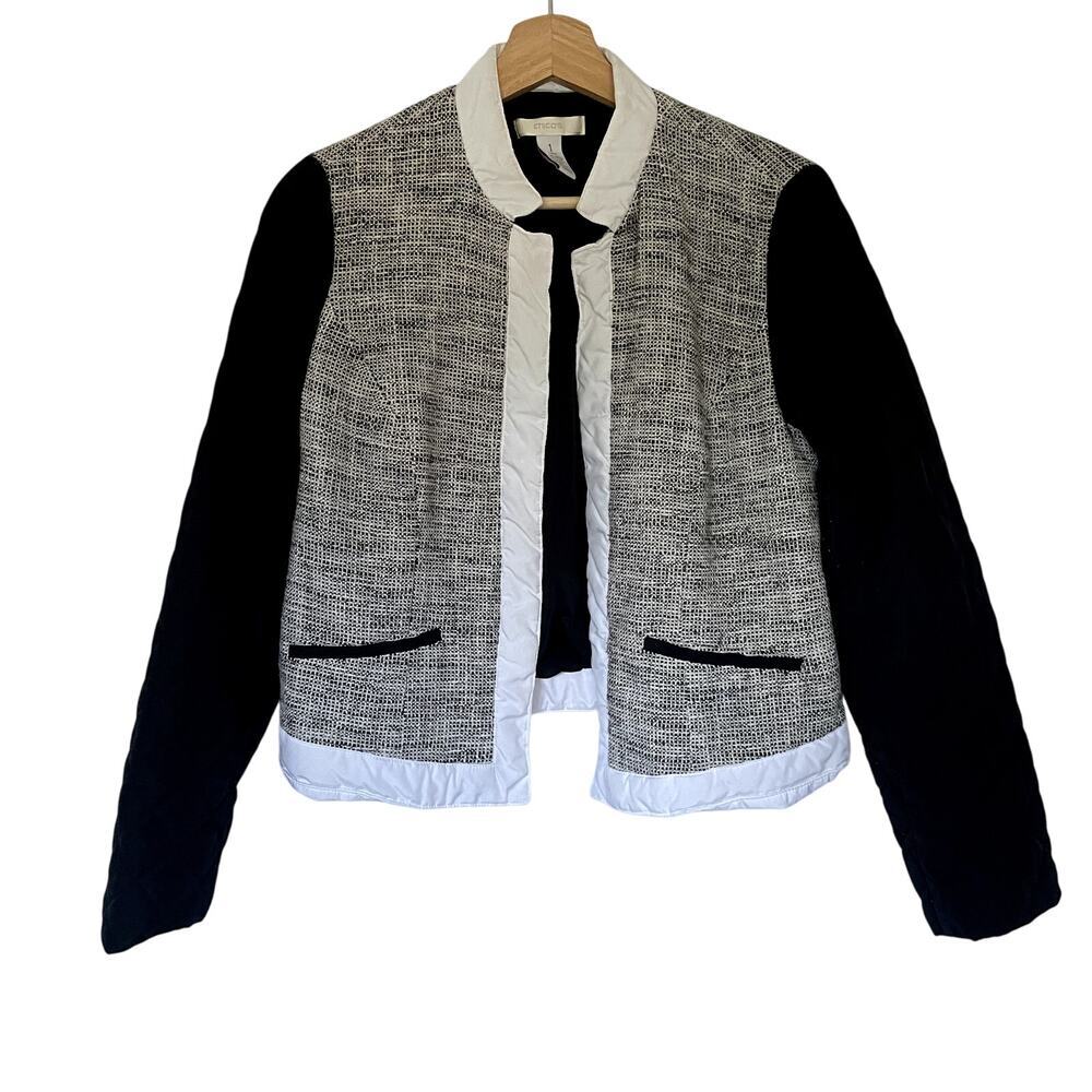Chico's‎ cotton linen women's size L bomber jacket padded arms knit torso gray